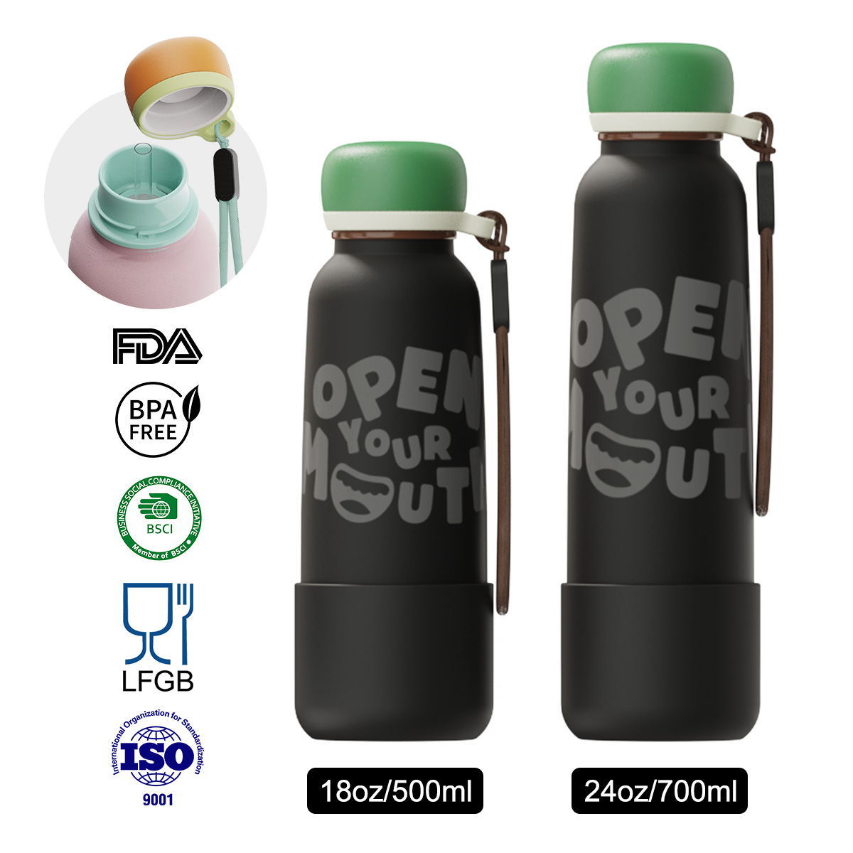 Neue, tragbare Edelstahl-Trinkflasche mit kleiner Öffnung, Tragegurt, hochwertigem, doppelwandigem Deckel und Strohhalm-Isolierbecher_voghion.com