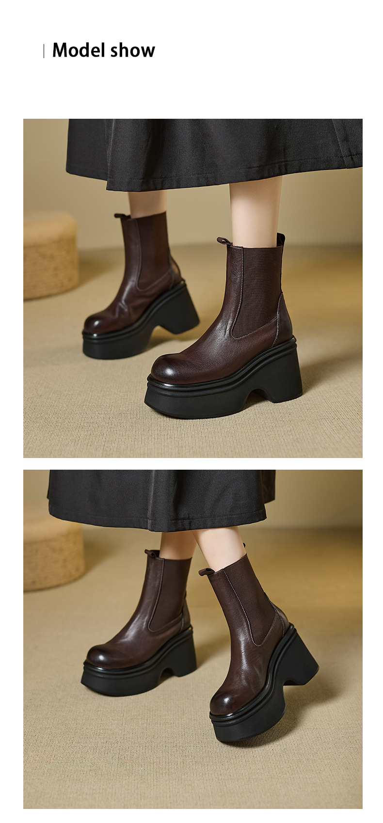 Boot Chelsea nữ da bò mũi tròn đế nêm siêu cao gót cổ ngắn mùa thu đông — Lớp lót nhung đen, đen, Lớp lót nhung màu nâu, nâu chi tiết 5