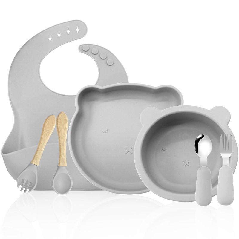 Oso vajilla traje de silicona para niños vajilla alimentación complementaria suministros para bebés 316 tenedor cuchara vajilla de grado alimenticio Tazón