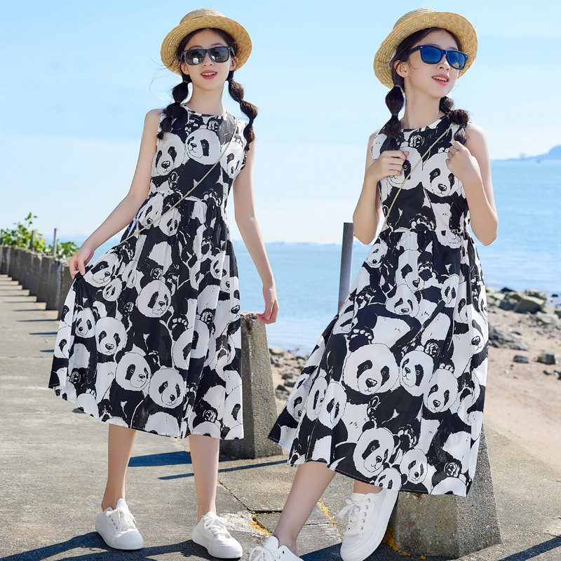 Corea del Sur ropa para niños Panda imprimir vestido de verano para niñas vestido 2023 nuevo vestido para niños vestido sin mangas de chaleco para niñas