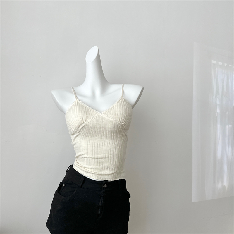 New Style Lace Pure Camisole Women's White Slim Look All-match Hot Girl with Chest Pad Outer Wear Inner Base Top