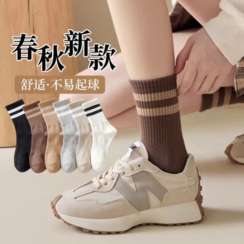 配鲨鱼裤的袜子女中筒袜秋冬加厚纯棉ins潮奶白色两条杠外穿运动|undefined