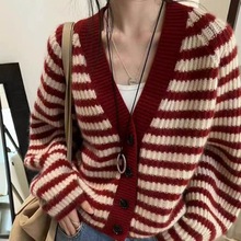 2025秋冬新款开衫小香风外套女装针织衫穿搭条纹v领加厚潮流毛衣