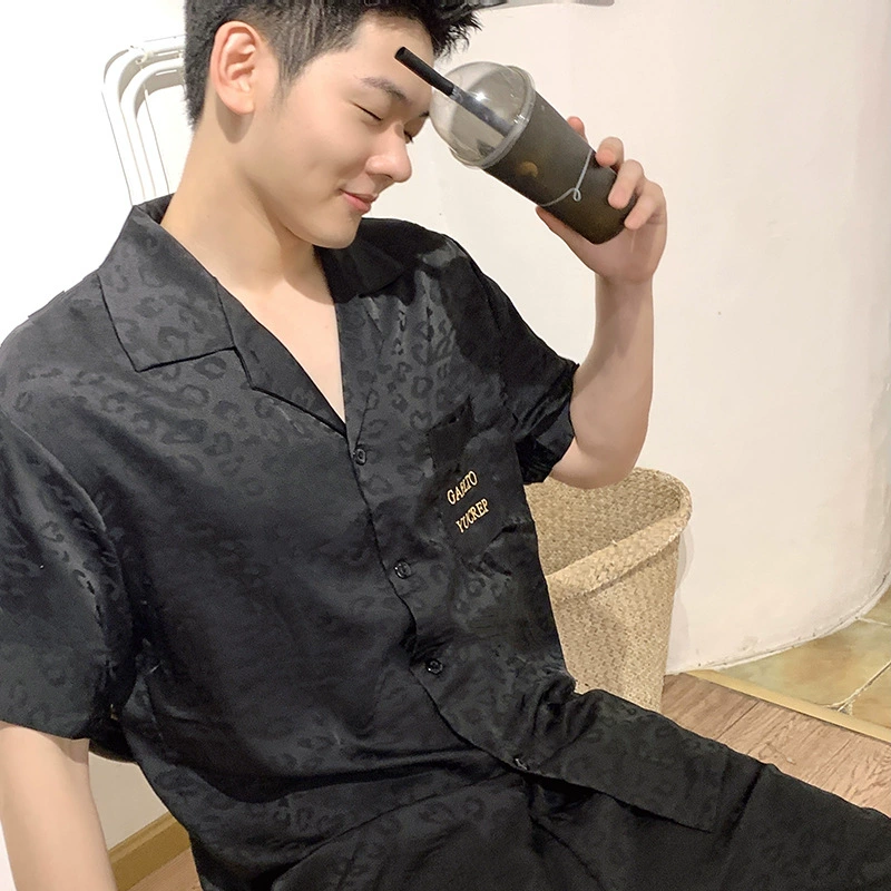 Жаккардовые пижамы с леопардовым принтом, мужские летние шорты из ледяного шелка с короткими рукавами, домашняя одежда, Летний Тонкий Шелковый костюм