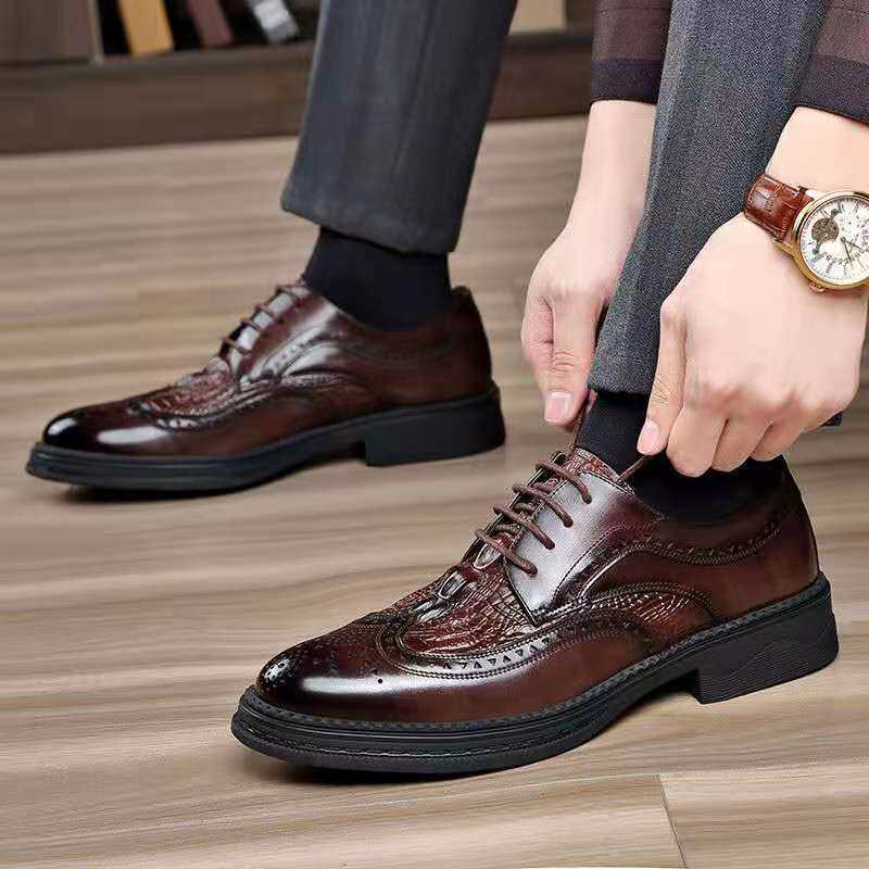 Giày da nam da bò thật kiểu Oxford Brogue Anh, đế thấp, dây buộc, dễ phối đồ công sở và đi tiệc cưới — Màu nâu, Màu đen, Màu đen lót nhung