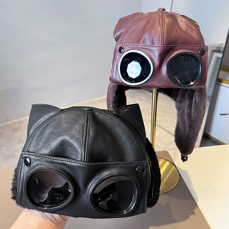 Retro Cat Ear Leather Pilot Glasses Family Winter Warm and Cold-Proof Ear Protection Hat Personalized Fleece-Lined Lei Feng Hat Retro Cat Ear Leather Pilot Glasses Family Winter Warm and Cold-Proof Ear Protection Hat Personalized Fleece-Lined Lei Feng Hat