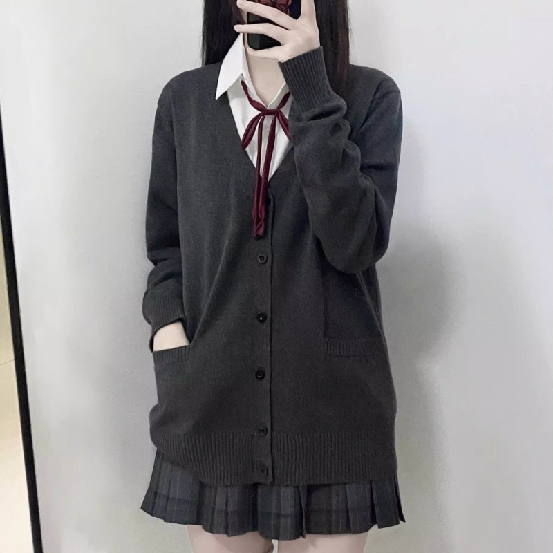 新しい日本のカレッジスタイルの春と秋のJKセーターゆるい純粋なマルチカラーのVネックニットカーディガン長袖ジャケット女性用|undefined