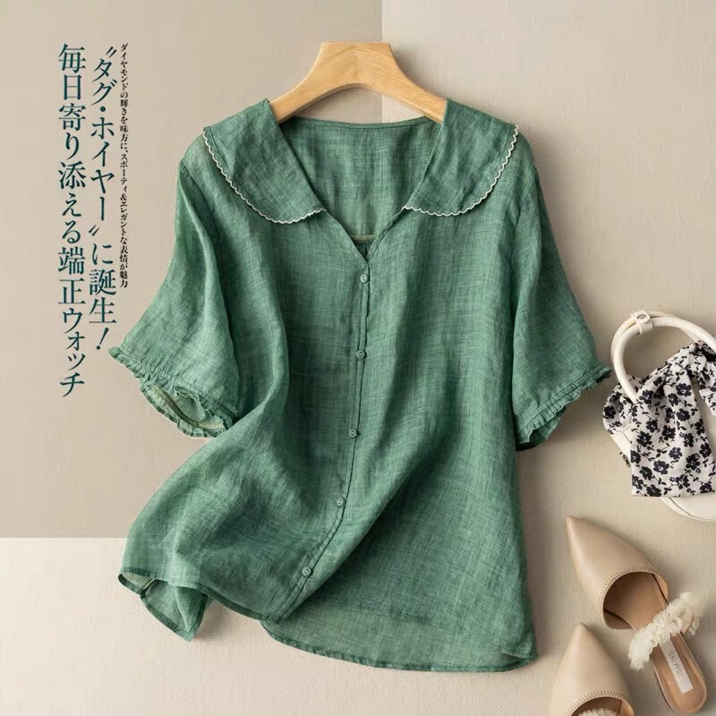 Short-Sleeved Navy Collar Ramie Top, Artistic Retro Cotton-Linen Blouse, Doll Collar, Loose Fit, Slimming, Thin Style, 2026 New Model