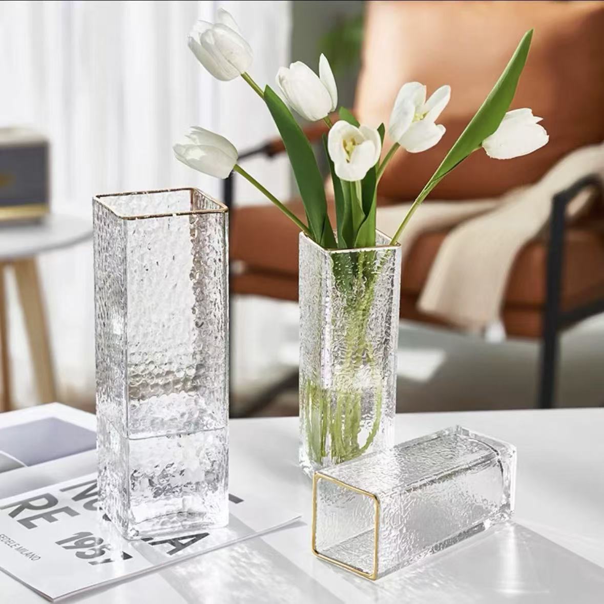 Nórdico simple dibujo de oro Phnom Penh gran jarrón de vidrio rico bambú flores hidropónicas ornamentos simples y modernos