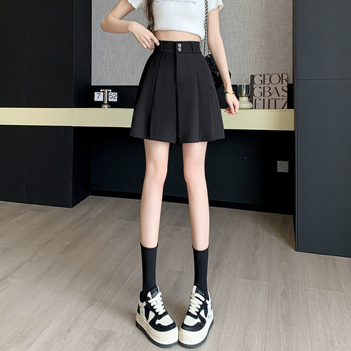 Black high-waisted suit shorts for women—autumn, thin, anti-exposure, plus-size, slimming, casual, wide-leg shorts.