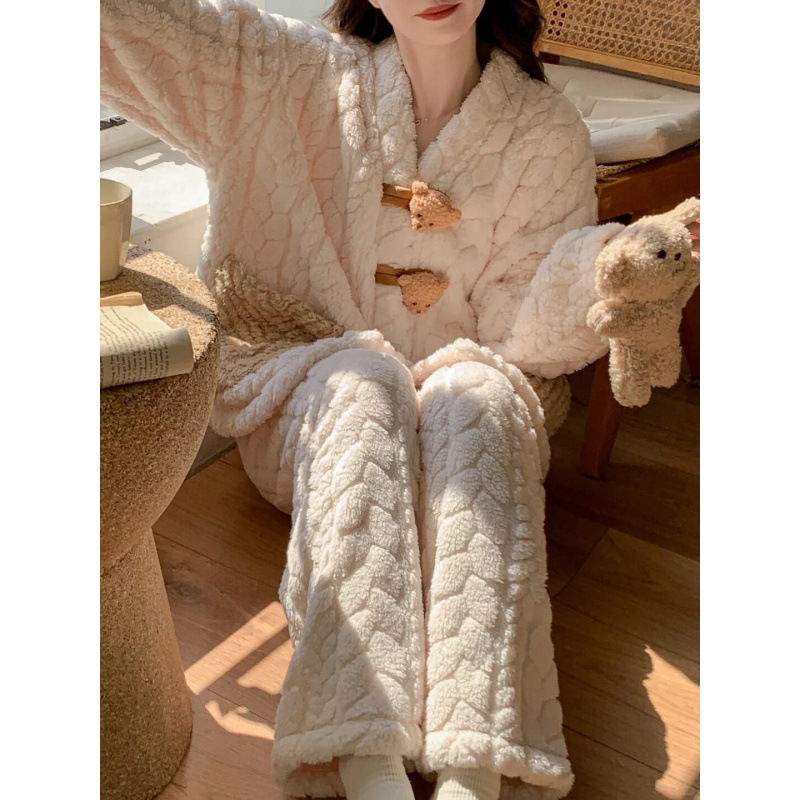 가을 겨울 여성용 잠옷, 고급스러운 산호 벨벳 가디건, 한국판 카툰 플란넬, 따뜻한 플러스 벨벳과 두꺼운 가정복