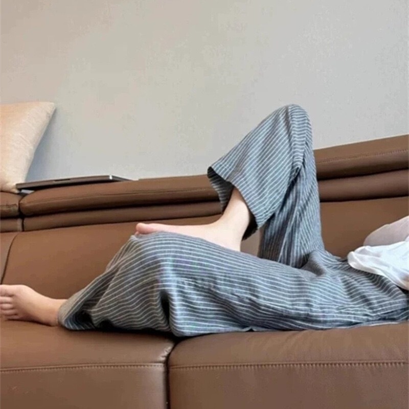 Highly Recommended! so Comfortable ~ Gray Striped Cotton and Linen Pants for Petite Figures, Straight-Leg Drawstring Casual Long Pants
