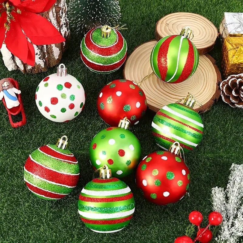 Bolas de Navidad de plástico galvanizadas pintadas a mano 6CM 30 paquetes de PVC cilindro Grinch color de decoración de árbol de Navidad