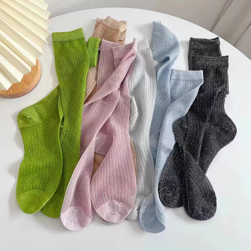 Summer Thin Gold and Silver Thread Mid-Calf Socks Retro Silver Shiny Silk Calf Socks Jk Personality Trendy Breathable Slouch Socks for Women