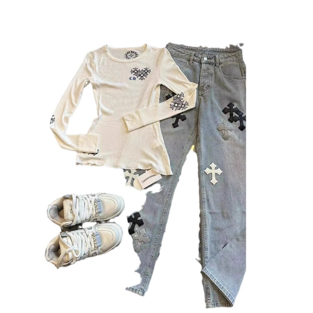 [와플] 핫 걸 스타일 크로스 프린트 크루 넥 긴소매 티셔츠 여성 슬림 다재다능베이스 셔츠