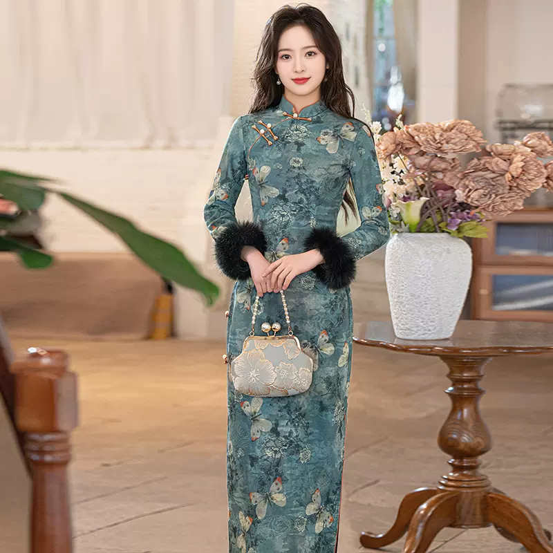 新中式冬季加绒改良丝绒复古旗袍民国新款显瘦年轻日常可穿旗袍裙
