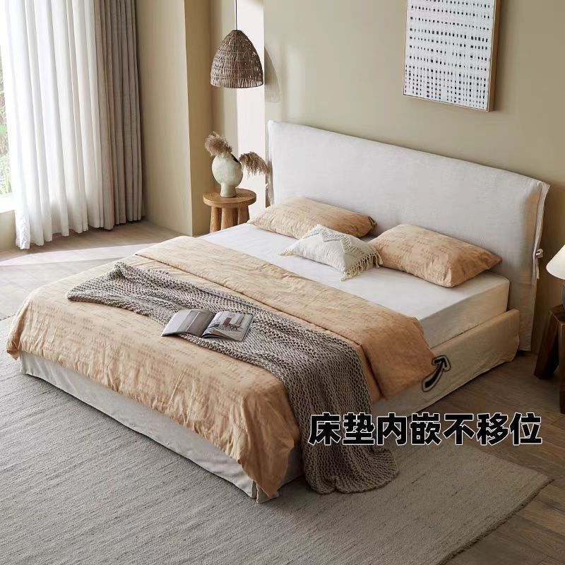 可拆洗北欧风格设计师侘寂风棉麻软包床落地床简约现代民宿酒店床|undefined