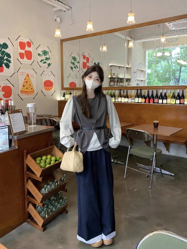 设计感不规则开叉叠穿坎肩马甲长袖衬衫2025女秋季新款时尚套装潮|undefined