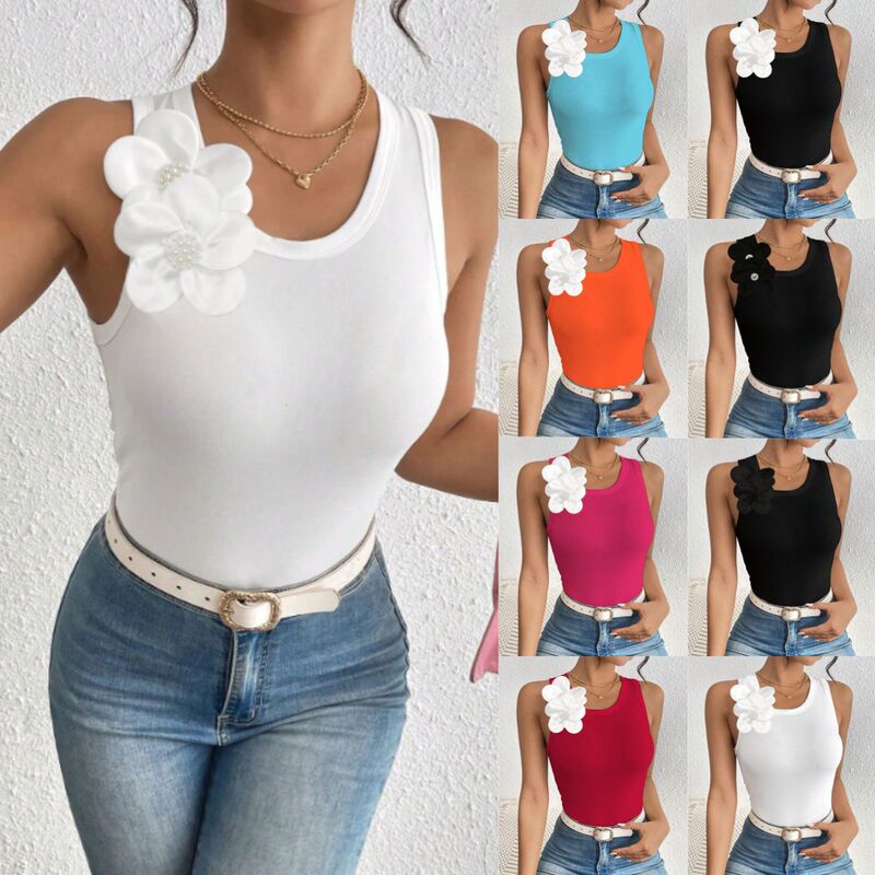 In-Stock Cross-Border European and American Women's Clothing Sleeveless Top with Three-Dimensional Flower Decoration Solid Color Tank Top Foreign Trade Amazon 240706