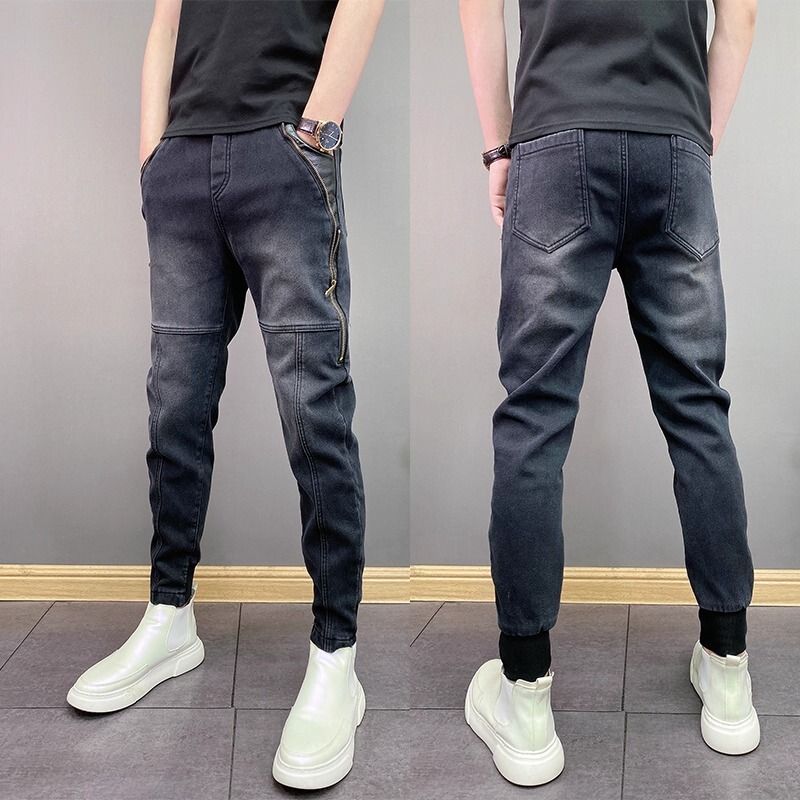 Spring and Autumn New Style Personalized Slim-Fit Skinny Jeans with Zipper Design for Young Men, Washed Denim Gradient Casual Pants