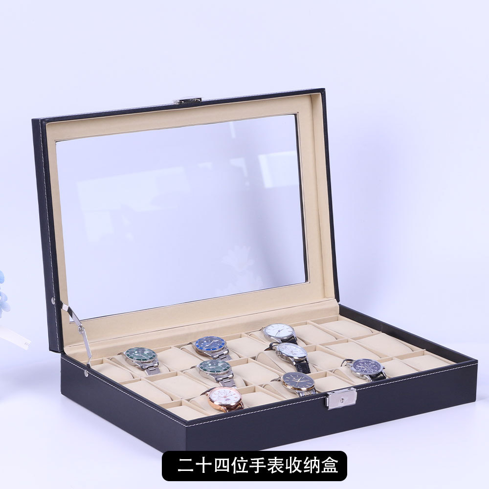 Caja de almacenamiento de reloj de gama alta de cuero PU, techo corredizo transparente, caja de exhibición de reloj con hebilla japonesa, caja de embalaje de almacenamiento de gafas