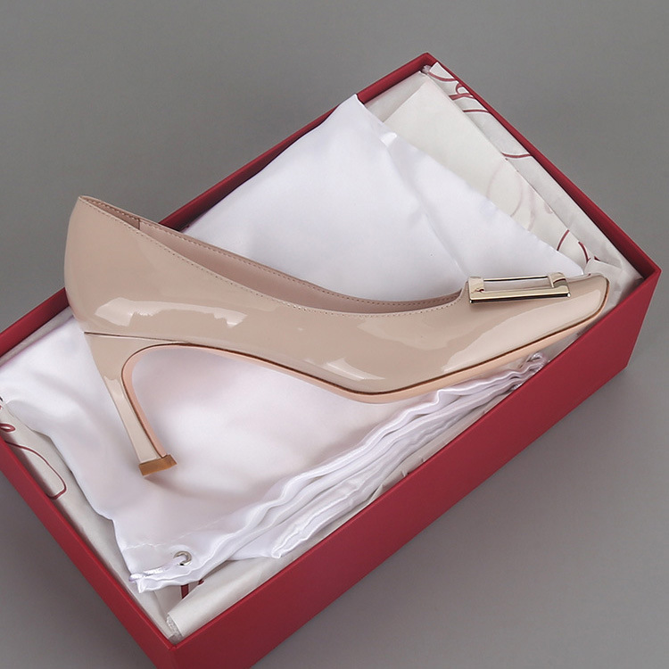 顶板欧美rv方扣高跟鞋牛漆皮OL通勤鞋7cm香蕉跟方头浅口单鞋婚鞋