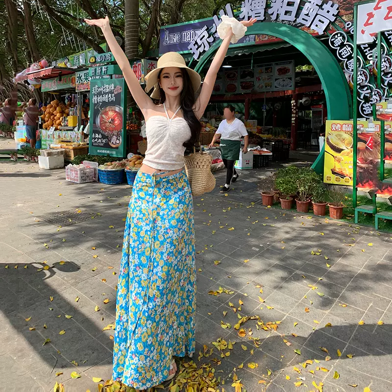 2025夏季海边度假风套装法式抽绳抹胸背心上衣女碎花半身裙两件套
