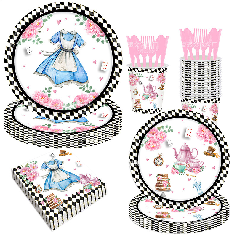 New Cartoon Alice in Wonderland Theme Party Decorative Tableware Girl Disposable Paper Tray Paper Cup Paper Towel