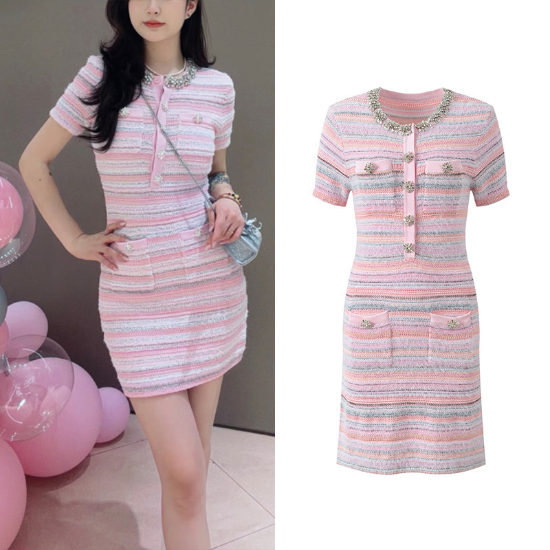 2026 Spring/Summer New Style Sweet Age-Reducing Slim-Fit Diamond-Embellished Round Neck Short-Sleeve Dress with Contrasting Stripes in Chanel Style