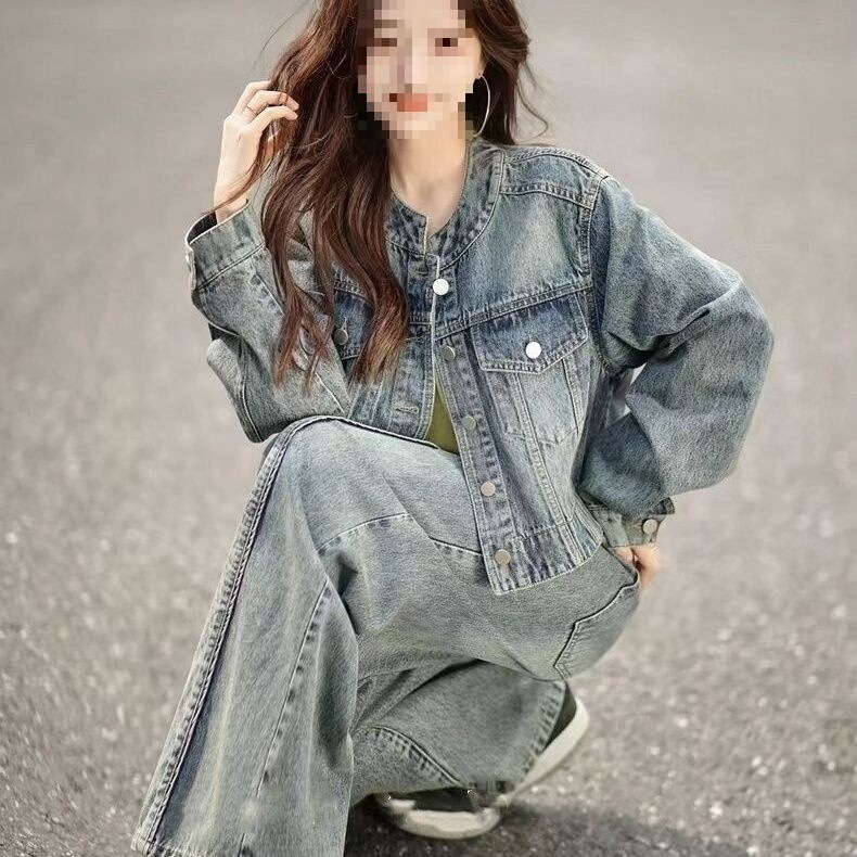 Denim Suit Women's Autumn New Short Distressed Jacket Long-Sleeved Casual Loose Wide-Leg Pants Two-Piece Set for Small People