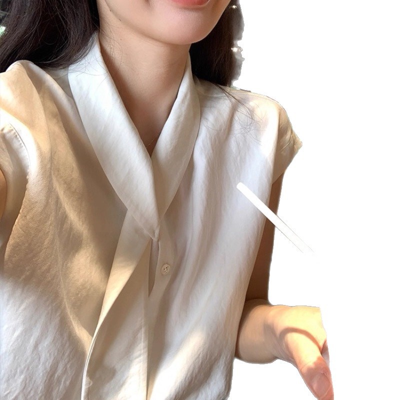 2025法式领飘带设计感小众白色衬衫女夏气质衬衣显瘦短袖别致上衣|undefined