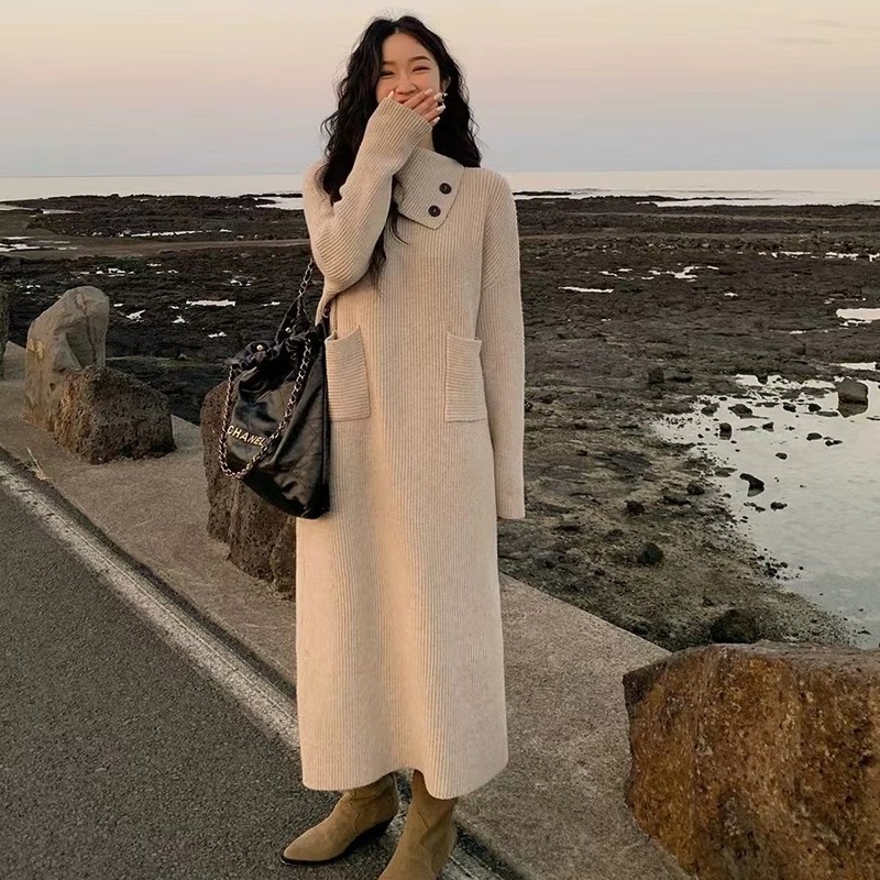 韩系长款高领设计感钮扣毛衣裙女韩版宽松2025秋冬显瘦打底连衣裙|undefined