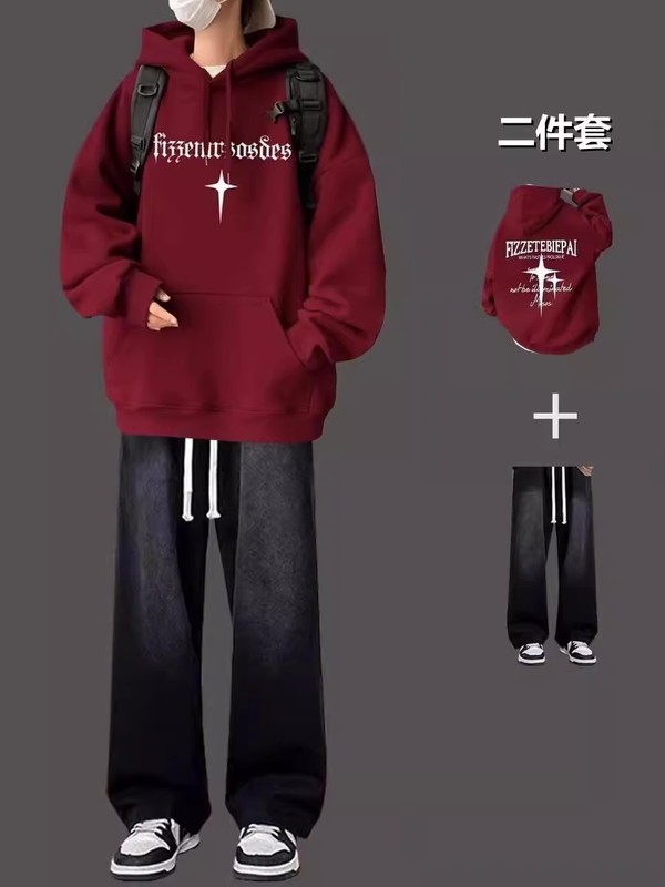 酒红色连帽卫衣新年套装秋冬痞帅港风男装学生潮流一套搭配牛仔裤|undefined