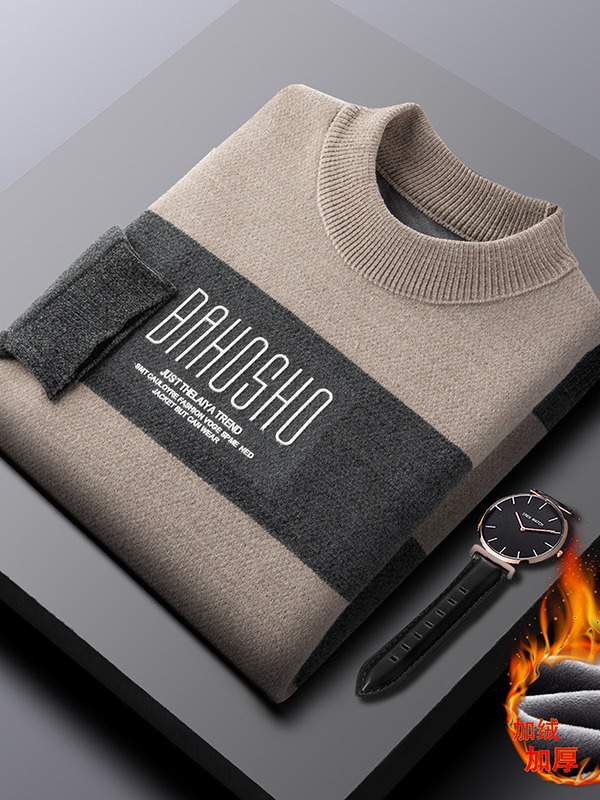 Suéter de los hombres de piel de hurón forrado de lana engrosada cuello redondo bottoming Top flojo invierno cálido suéter de los hombres al por mayor