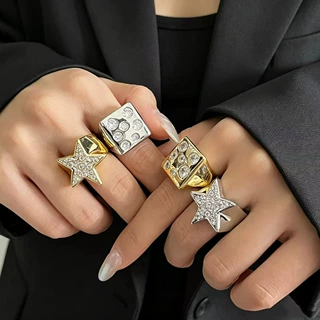 欧美跨境五角星锆石开口指环女轻奢个性重工设计戒指时尚百搭手饰