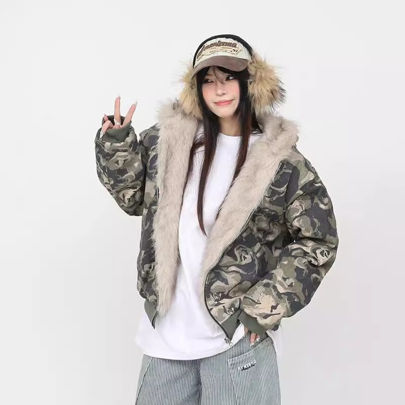American-Style Washed Camouflage Hooded Jacket with Fur Collar, Cotton Coat, 2025 Winter New Thickened Mountain Eagle Jacket for Men and Women