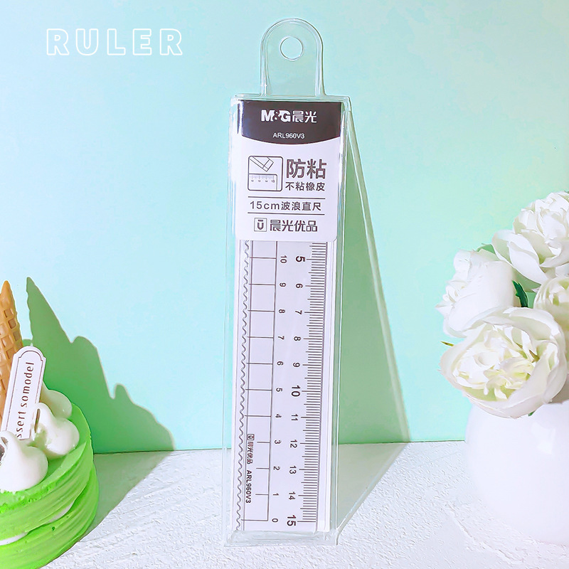朝光960直尺優品粘着防止消しゴム波透明直尺学生専用図面15cm/20cm|undefined
