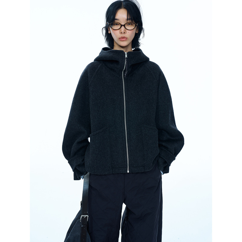 [Time-Sensitive] New Funnel-Neck Hooded Full Wool Double-Sided Woolen Cardigan Zipper Long-Sleeve Jacket for Women V9754