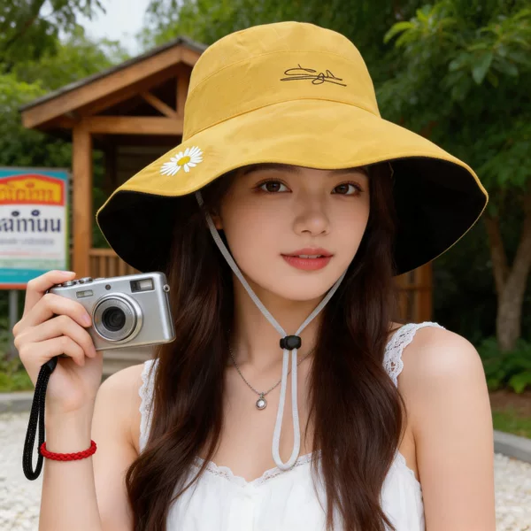 Korean Style Small Daisy Fisherman Hat for Women, Double-Sided Color-Blocking Sun Protection Hat, Simple Large Brim Foldable Sun Hat
