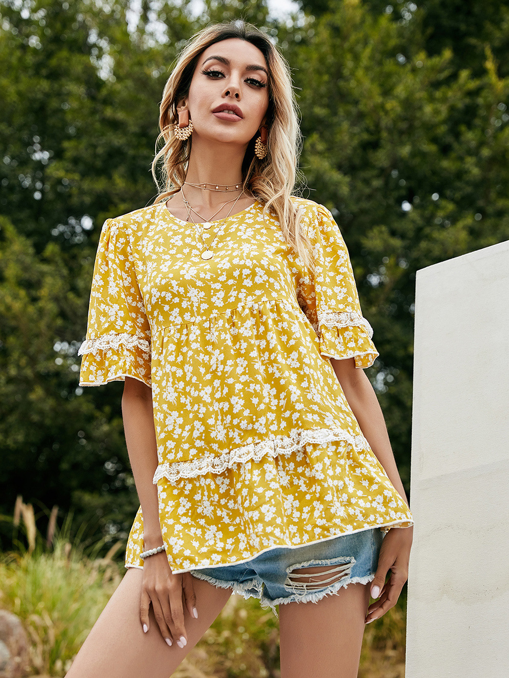 round neck loose casual floral blouse NSDF36053