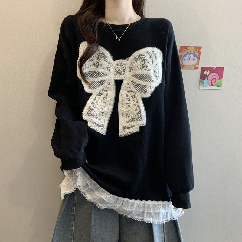 大码钩花边蝴蝶结圆领长袖T恤女秋冬新款宽松显瘦时尚中长版上衣|undefined