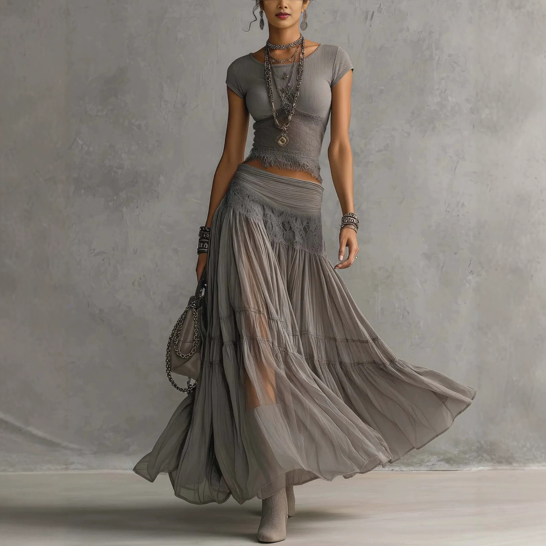 knitted shiffon long skirt