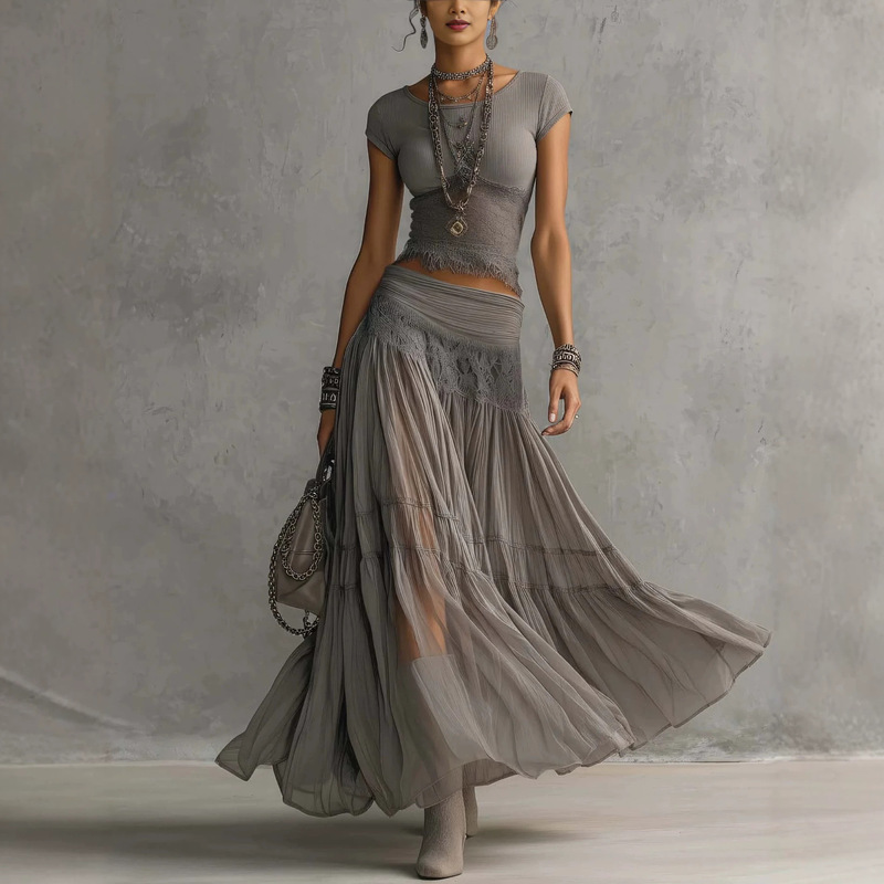 2026 European and American Cross-Border Independent Fashion Website Gray Knitted Top + Chiffon Long Skirt Set for Women, Stylish and Flowing Two-Piece Set