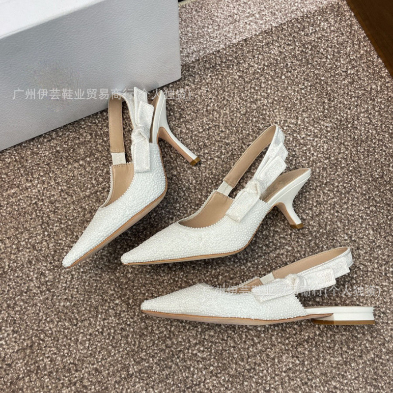 French-Style Rhinestone Embroidered Letter Bowknot Closed-Toe Sandals for Women, New Summer Model, Pointed Toe, Flat, Mid-Heel, High-Heeled Shoes French-Style Rhinestone Embroidered Letter Bowknot Closed-Toe Sandals for Women, New Summer Model, Pointed Toe, Flat, Mid-Heel, High-Heeled Shoes