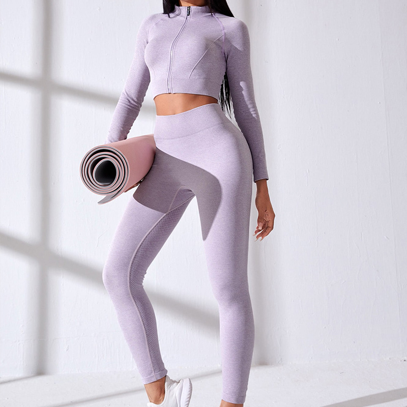 廠家定制logo無縫瑜伽服套裝女訓(xùn)練服拉鏈長袖高腰瑜伽褲運(yùn)動套裝