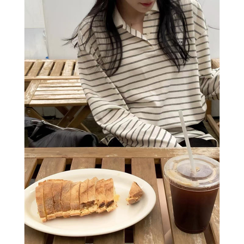Now the 2026 Spring New Model from Korean Designer Mon*Ha Is a Relaxed Striped Polo Long-Sleeved Shirt