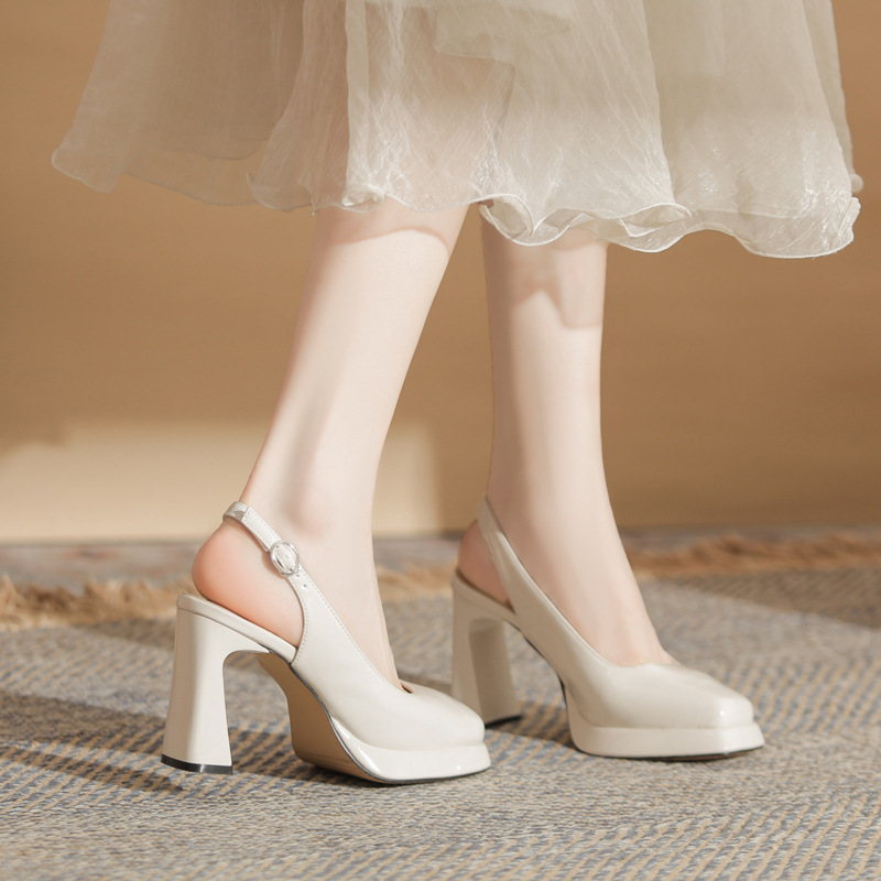 Jin Gang CG9008 Chunky Heel Square Head Waterproof Platform Shoes Women's 2024 New Spring and Autumn Post Empty Buckle High Heels Women