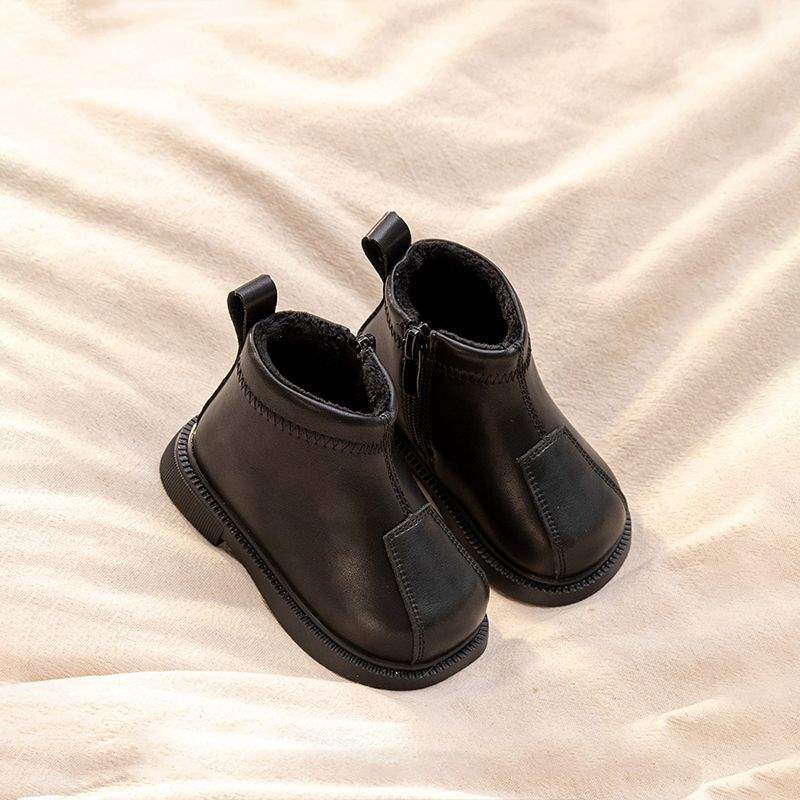Children's Boots Fleece-Lined Cotton Short Boots for Boys, Retro Leather Boots, Baby Girl's Shoes, Princess Boots, Winter Style