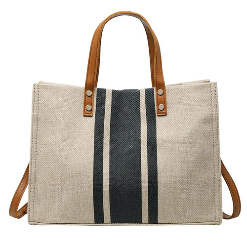 Korean Version Women's Handbag Tote Business Commuting Striped Simple Single Shoulder Large Capacity Canvas Bag