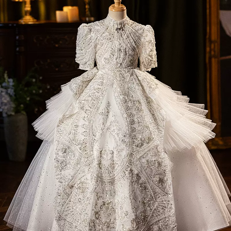 儿童公主裙2026新款演出服白色蓬蓬裙女童生日主持人礼服重工外贸